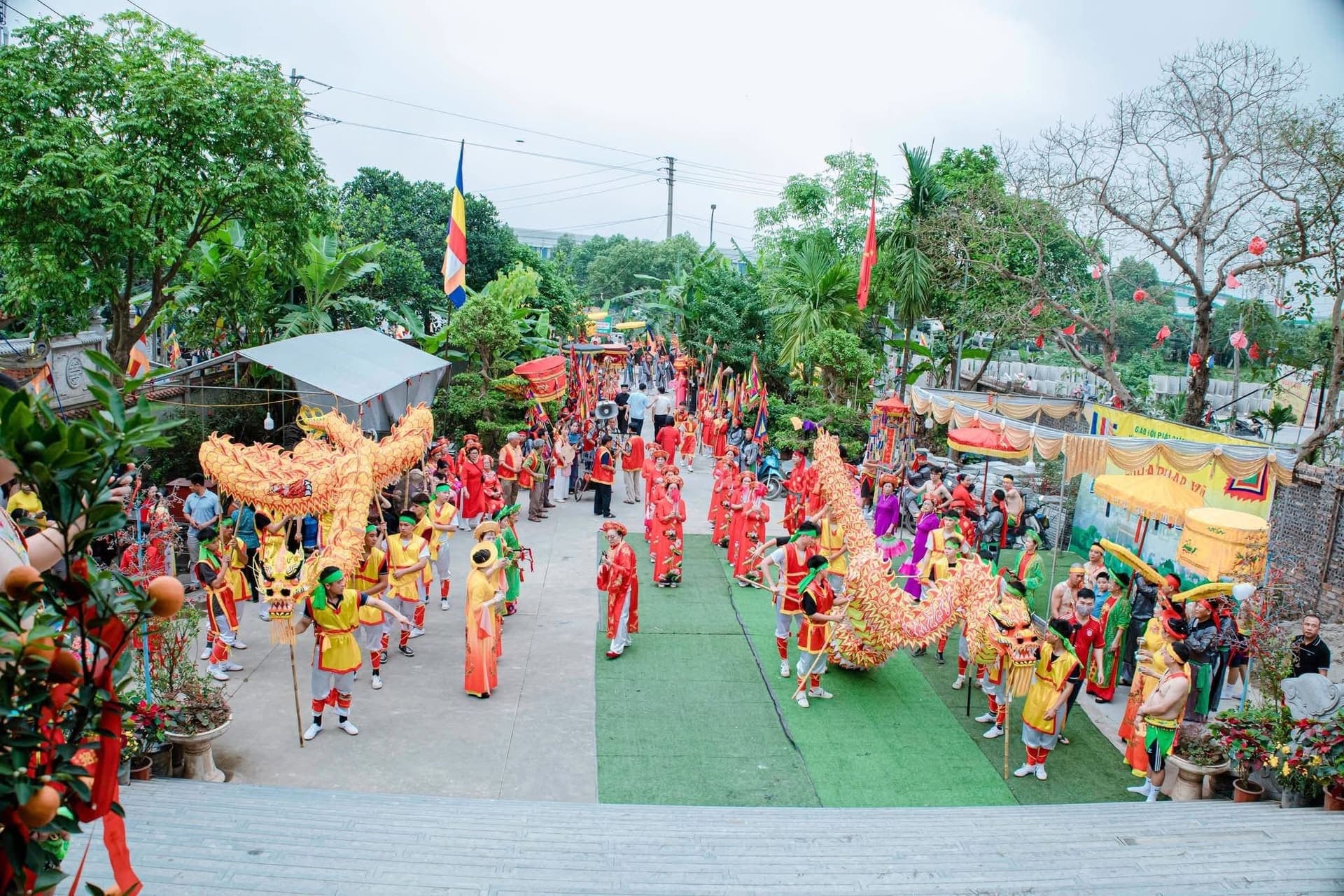 Toàn cảnh đám rước lễ hội với hai đoàn múa rồng vàng giữa hàng cây